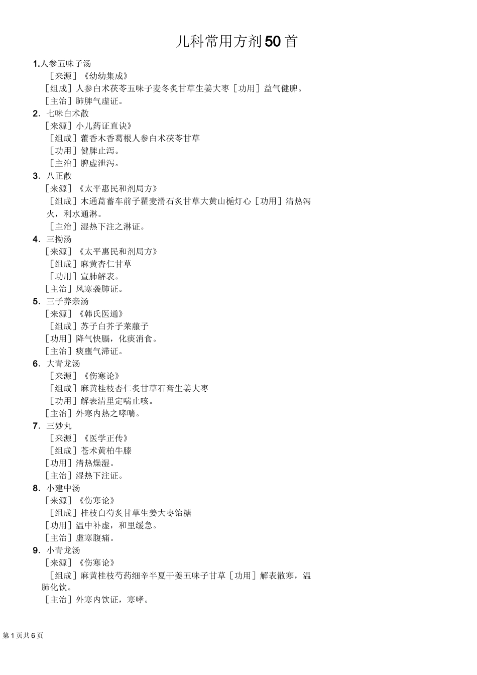 儿科常用方剂50首方剂_第1页