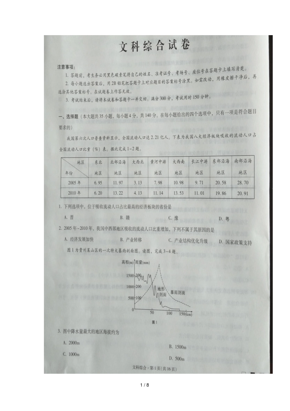 贵州贵阳第一中学2018届高三文综地理部分4月月考试题扫描版_第1页