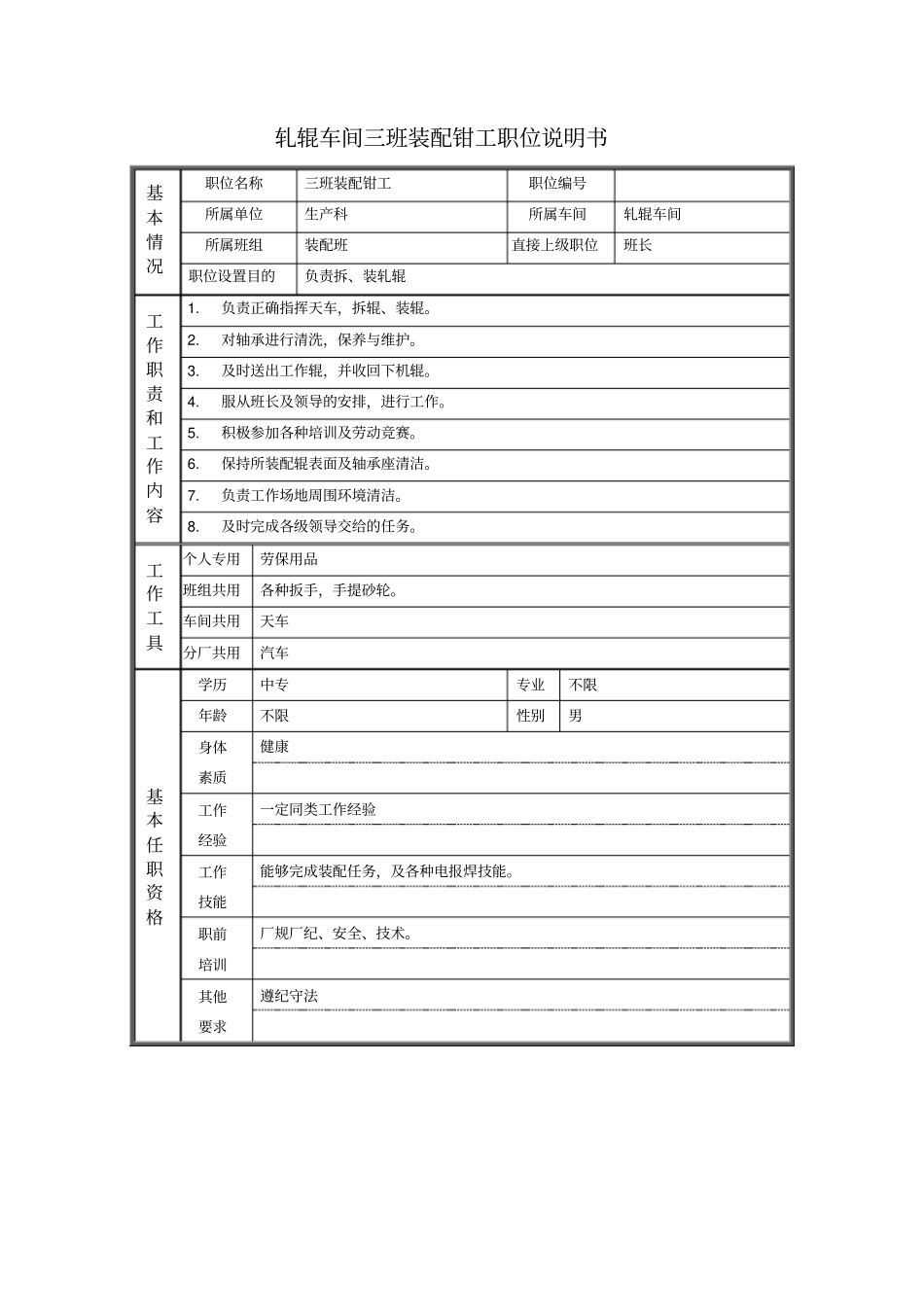 轧辊车间三班装配钳工职位说明书_第1页