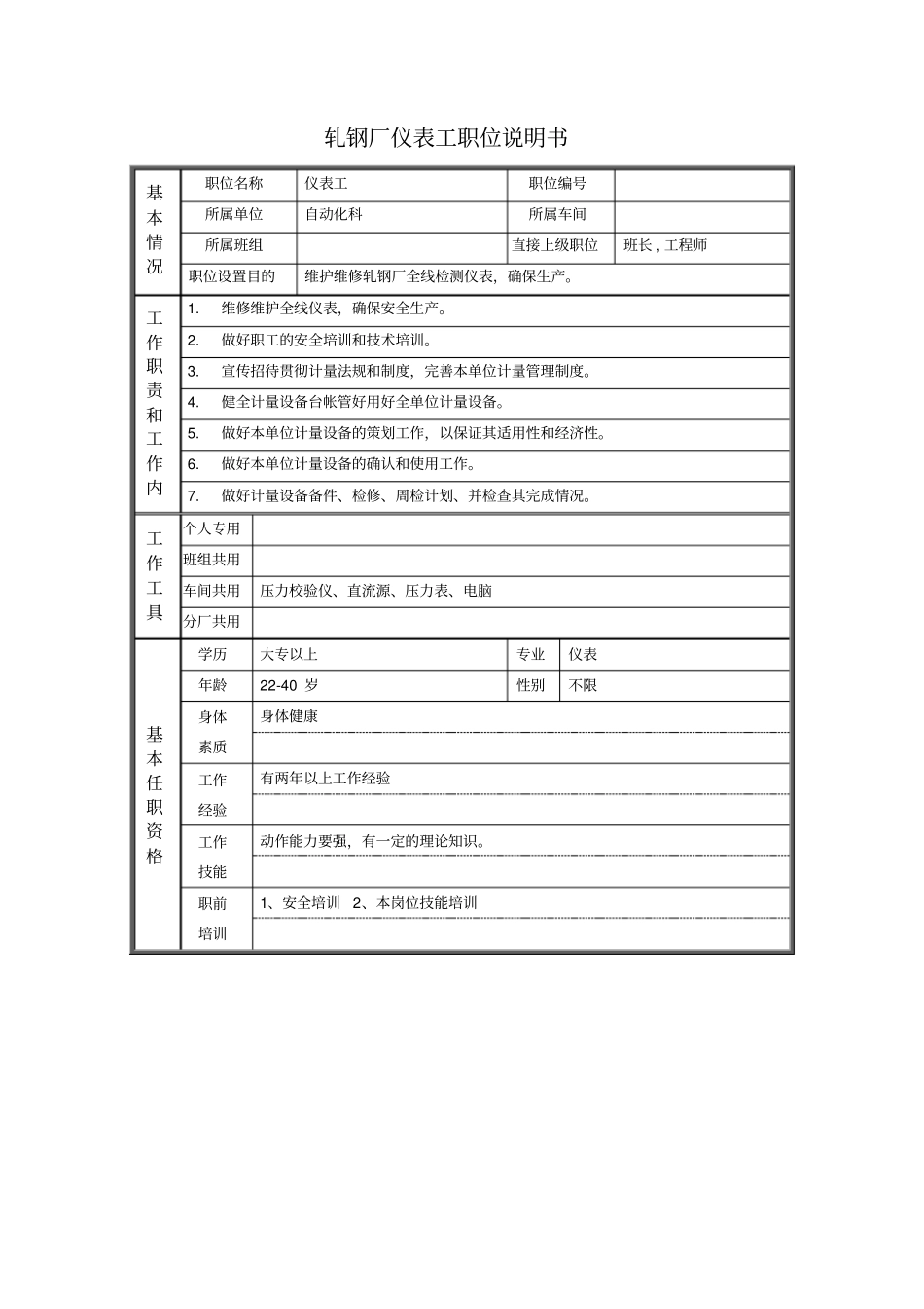 轧钢厂仪表工职位说明书_第1页