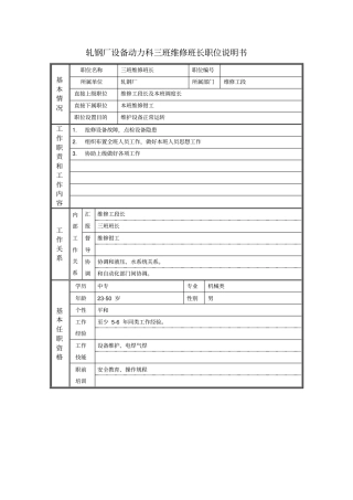 轧钢厂设备动力科三班维修班长职位说明书