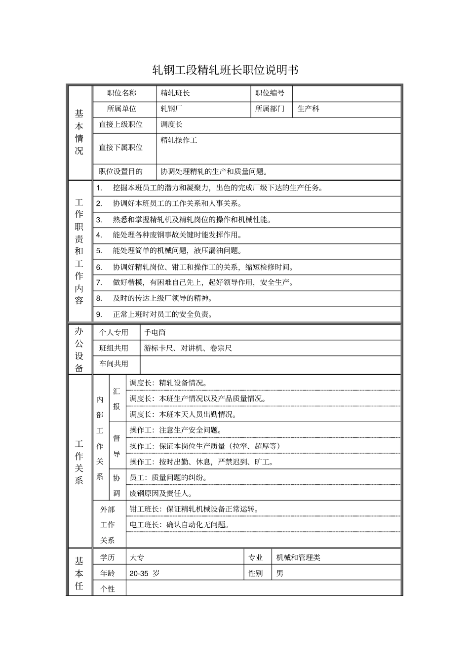 轧钢工段精轧班长职位说明书_第1页