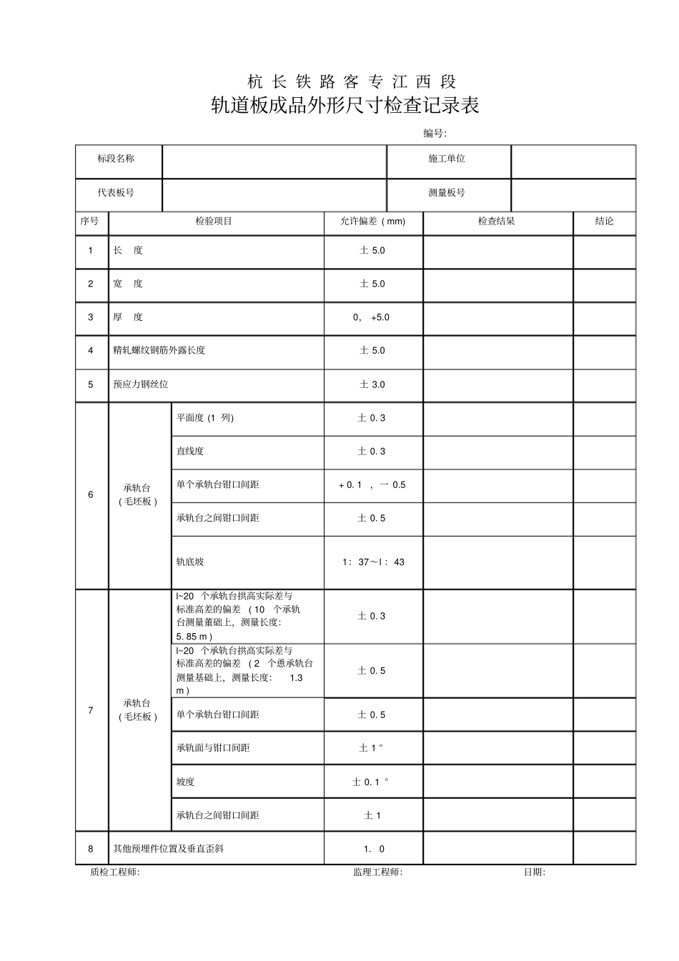 轨道板成品外形尺寸检查记录表_第1页