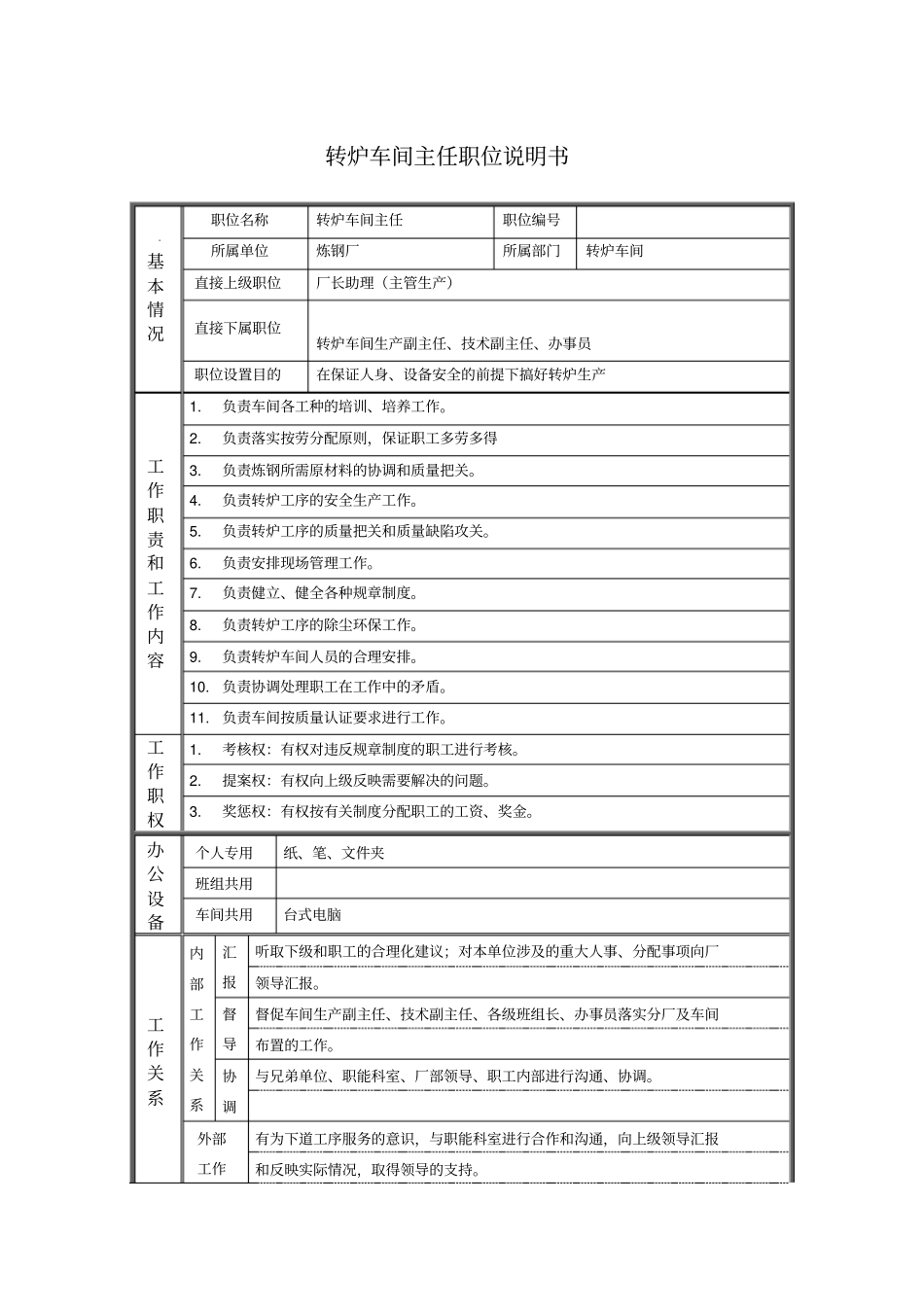 转炉车间主任职位说明书_第1页