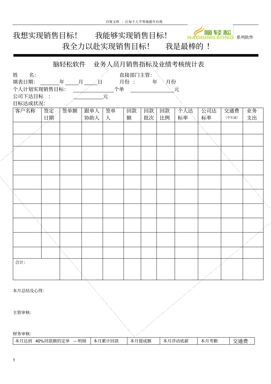 软件公司业务销售人员销售指标及业绩考核统计表_第1页