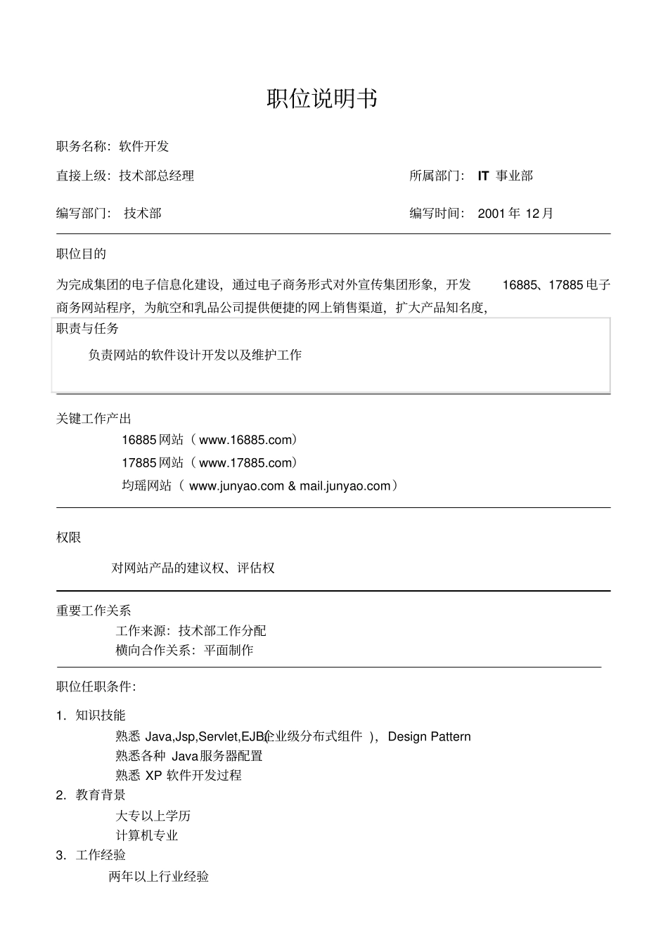 软件开发岗位说明书_第1页