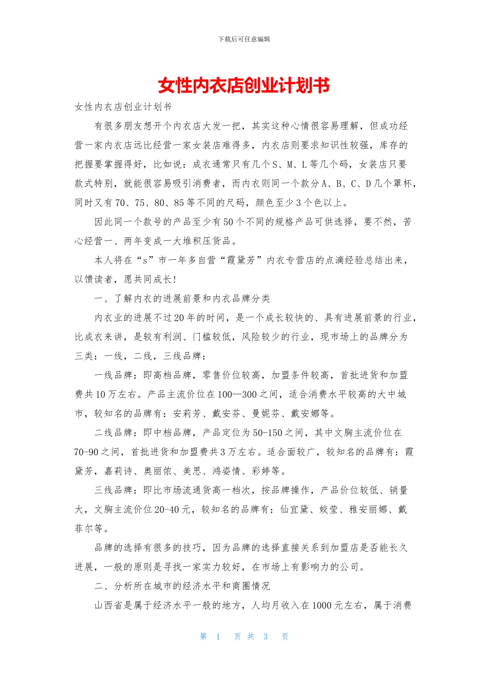 女性内衣店创业计划书_第1页