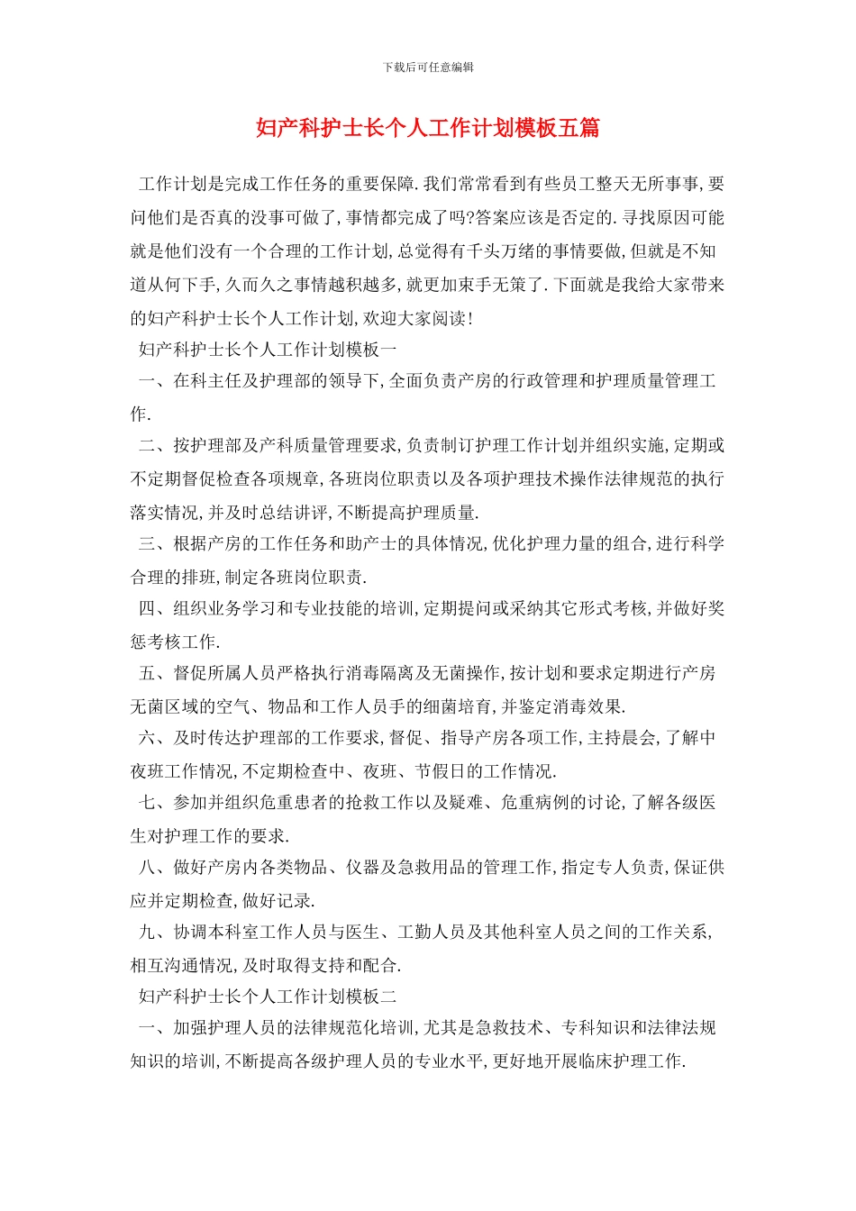 妇产科护士长个人2024年工作计划模板五篇_第1页