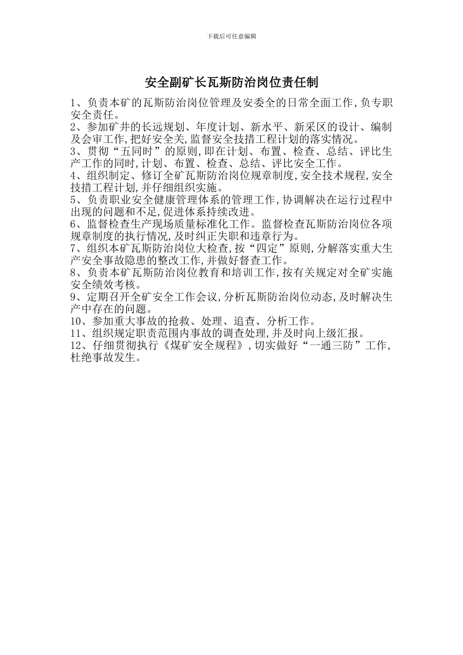 安全副矿长瓦斯防治岗位责任制_第1页