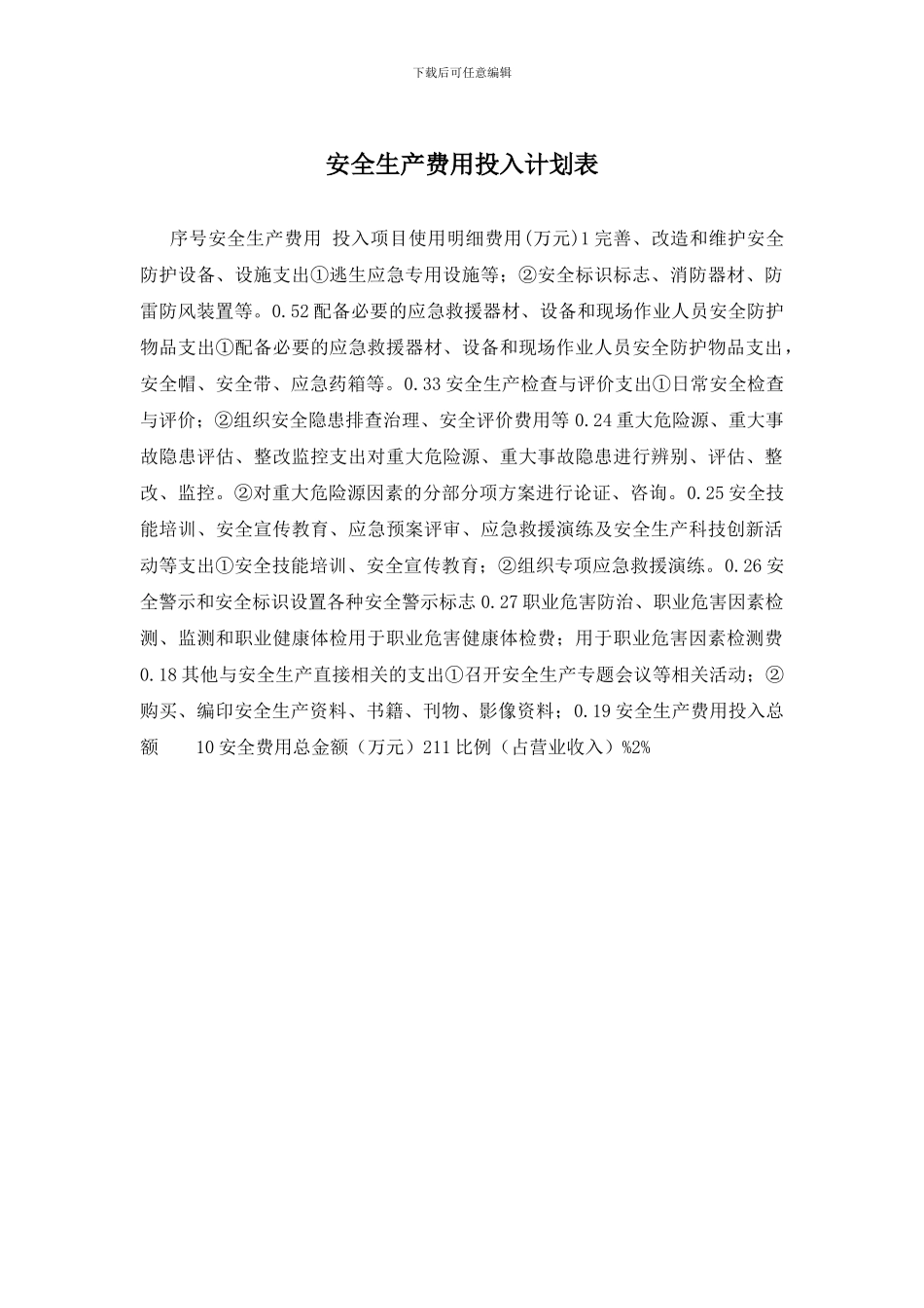 安全生产费用投入计划表_第1页
