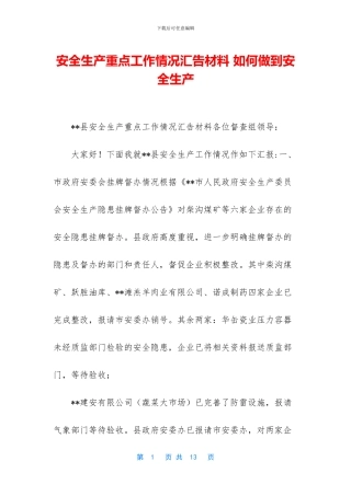 安全生产重点工作情况汇告材料