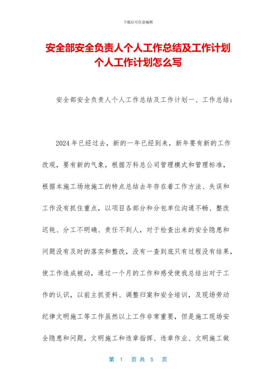 安全部安全负责人个人工作总结及工作计划_第1页