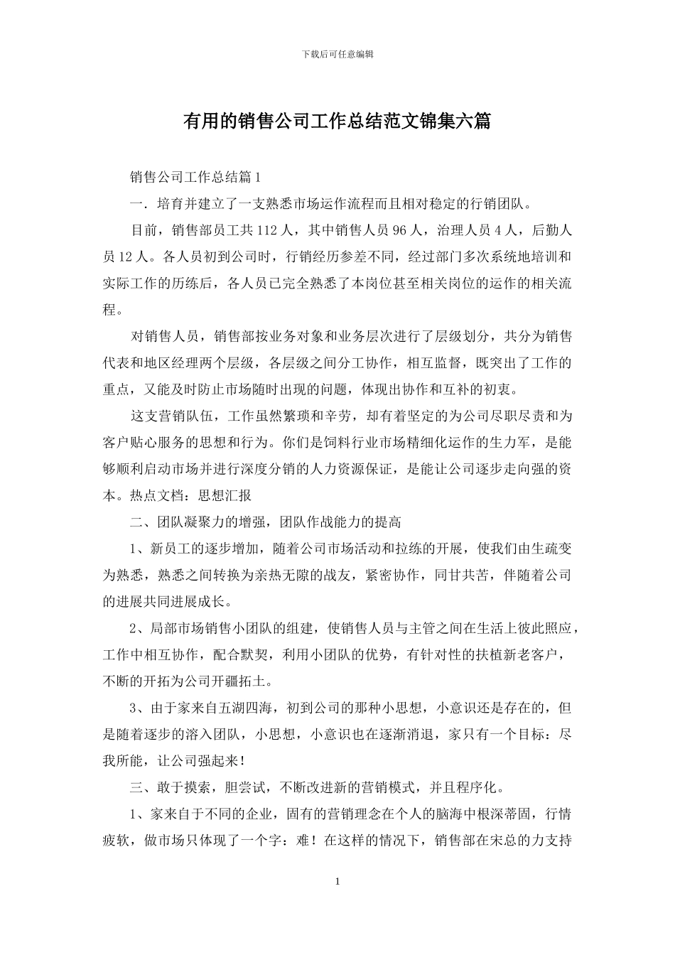 实用的销售公司工作总结范文锦集六篇_第1页