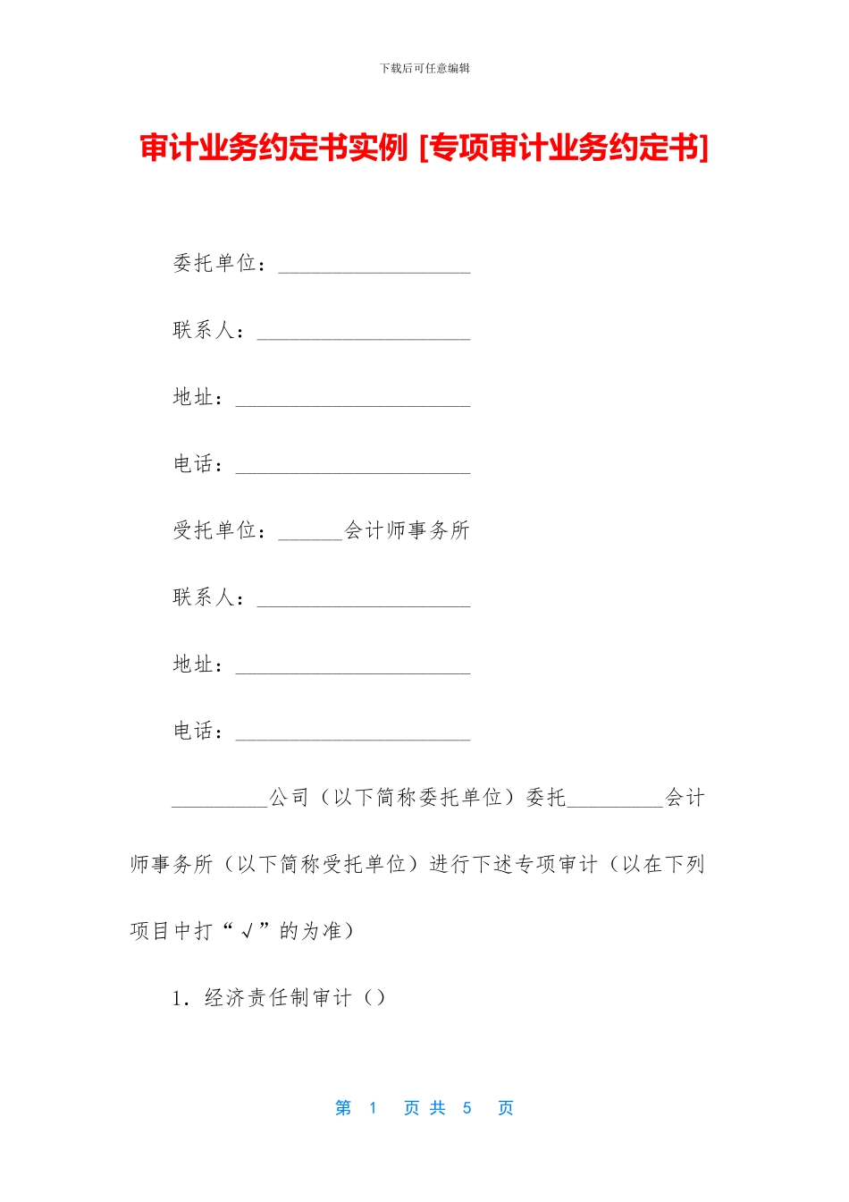 审计业务约定书实例_第1页