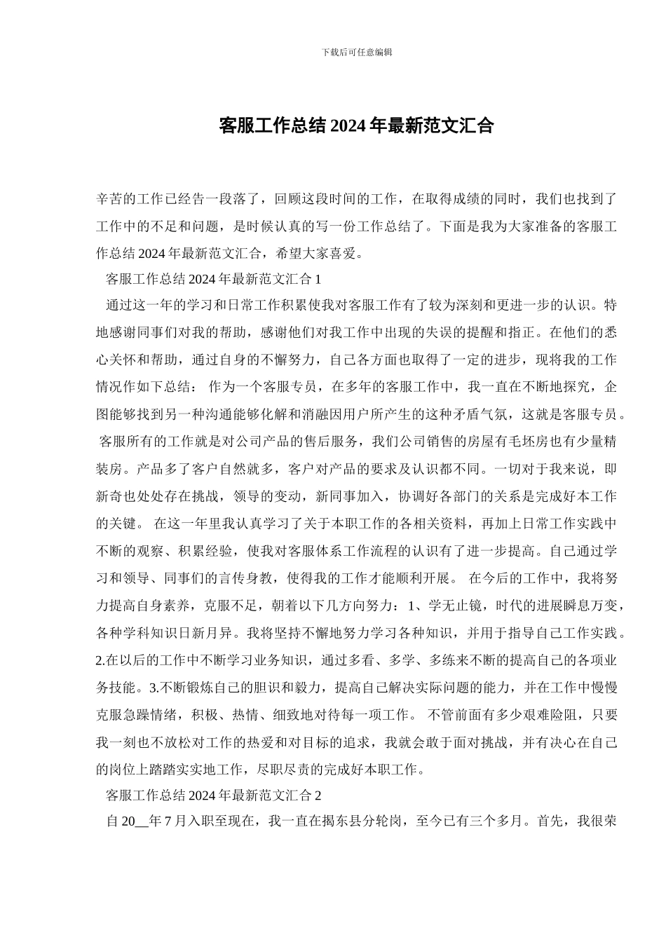 客服工作总结2024年最新范文汇集_第1页