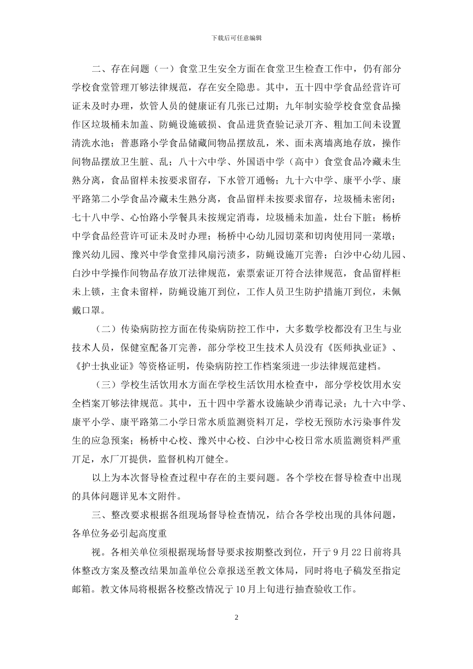 对于对学校食堂食品、卫生防疫工作检查情况通报_第2页