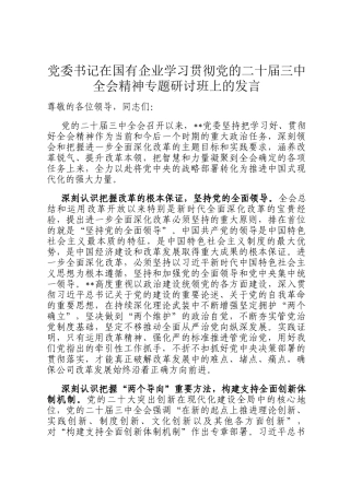 党委书记在国有企业学习贯彻党的二十届三中全会精神专题研讨班上的发言