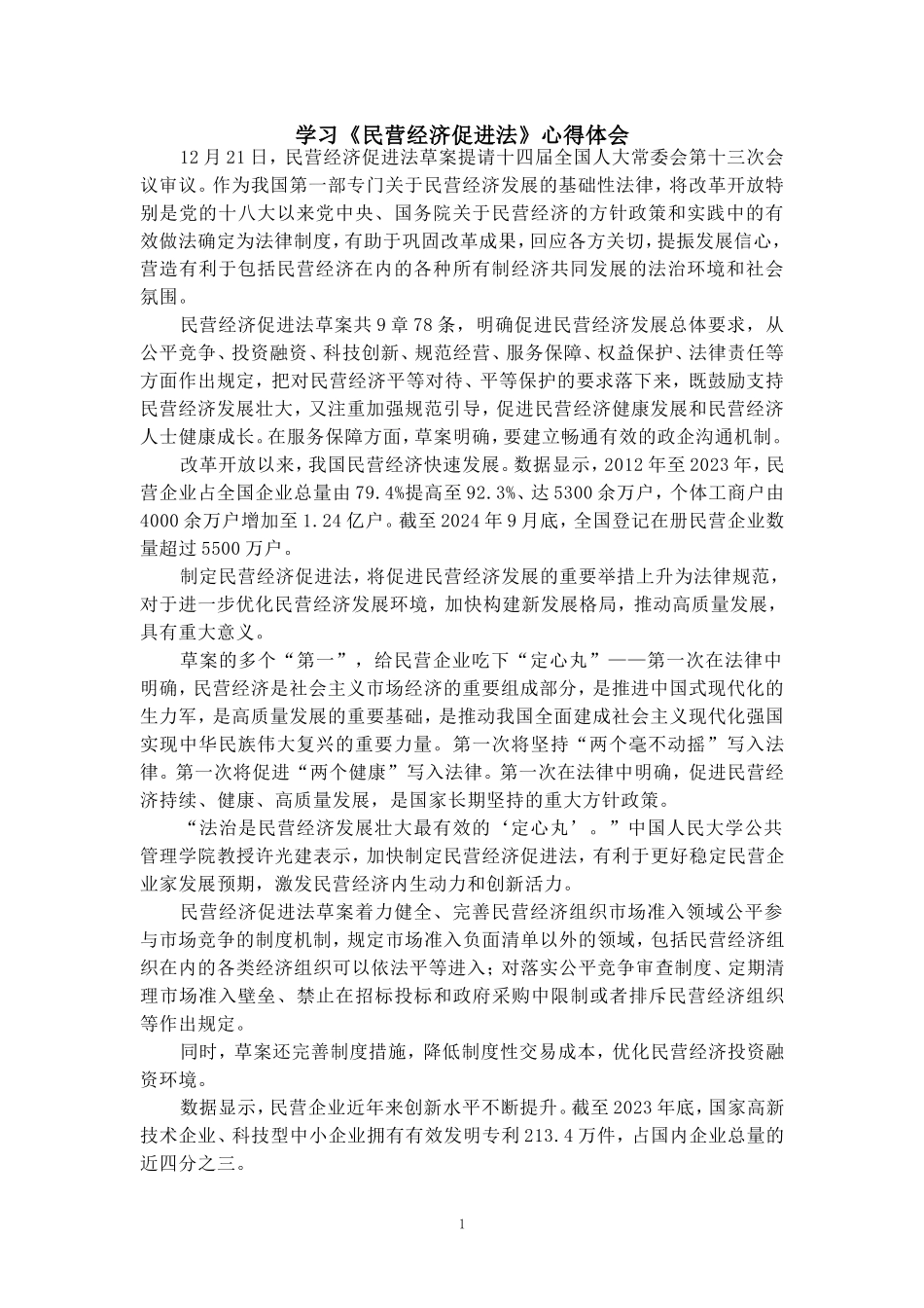 学习《民营经济促进法》心得体会_第1页
