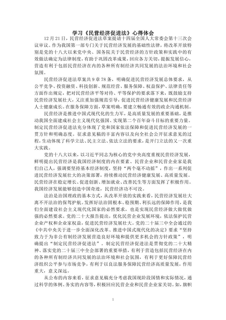 学习《民营经济促进法》心得体会二_第1页