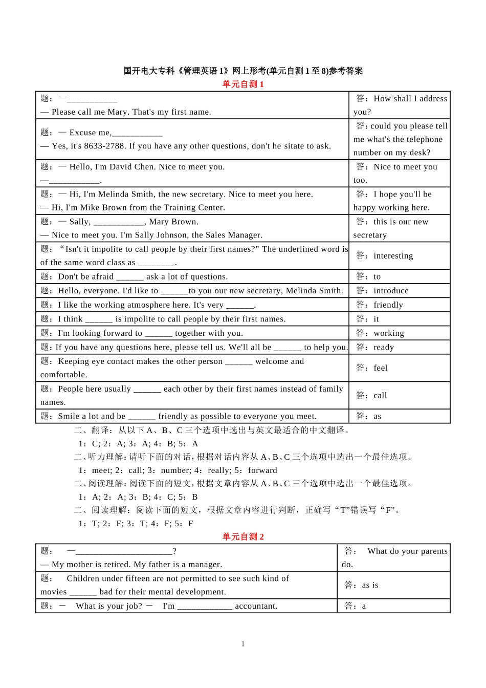 国开电大专科《管理英语1》网上形考(单元自测1至8)试题及答案_第1页