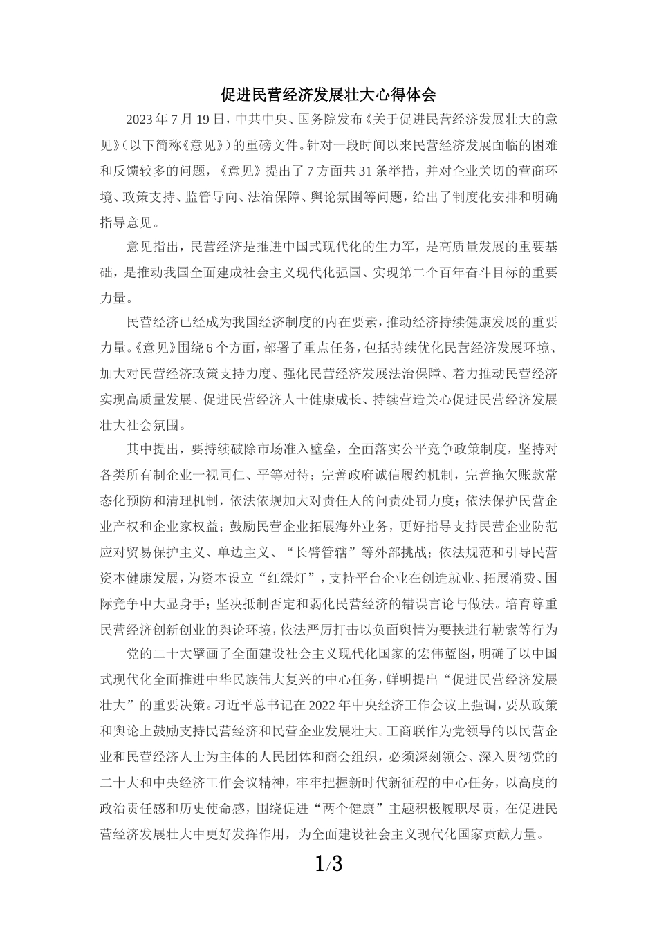 促进民营经济发展壮大心得体会_第1页