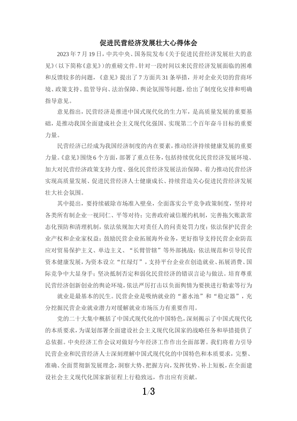 促进民营经济发展壮大心得体会二_第1页