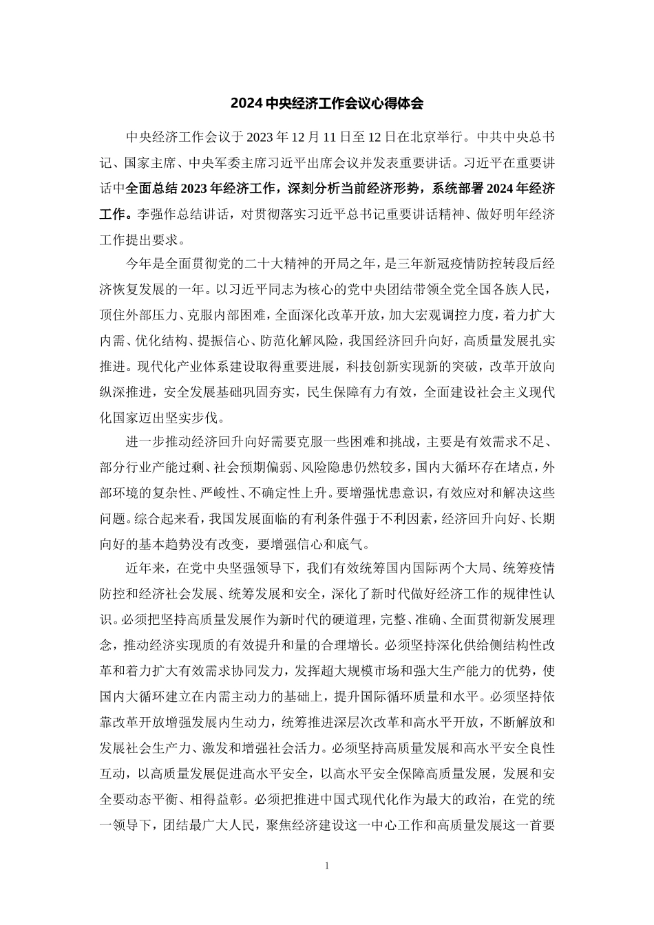 2024年中央经济工作会议心得体会_第1页