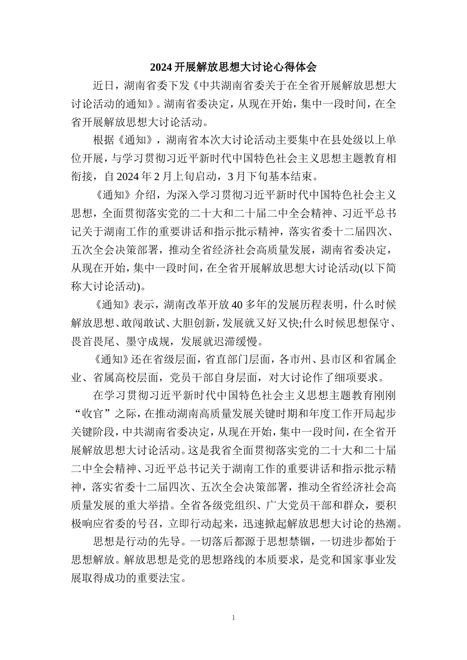 2024开展解放思想大讨论心得体会发言材料二_第1页