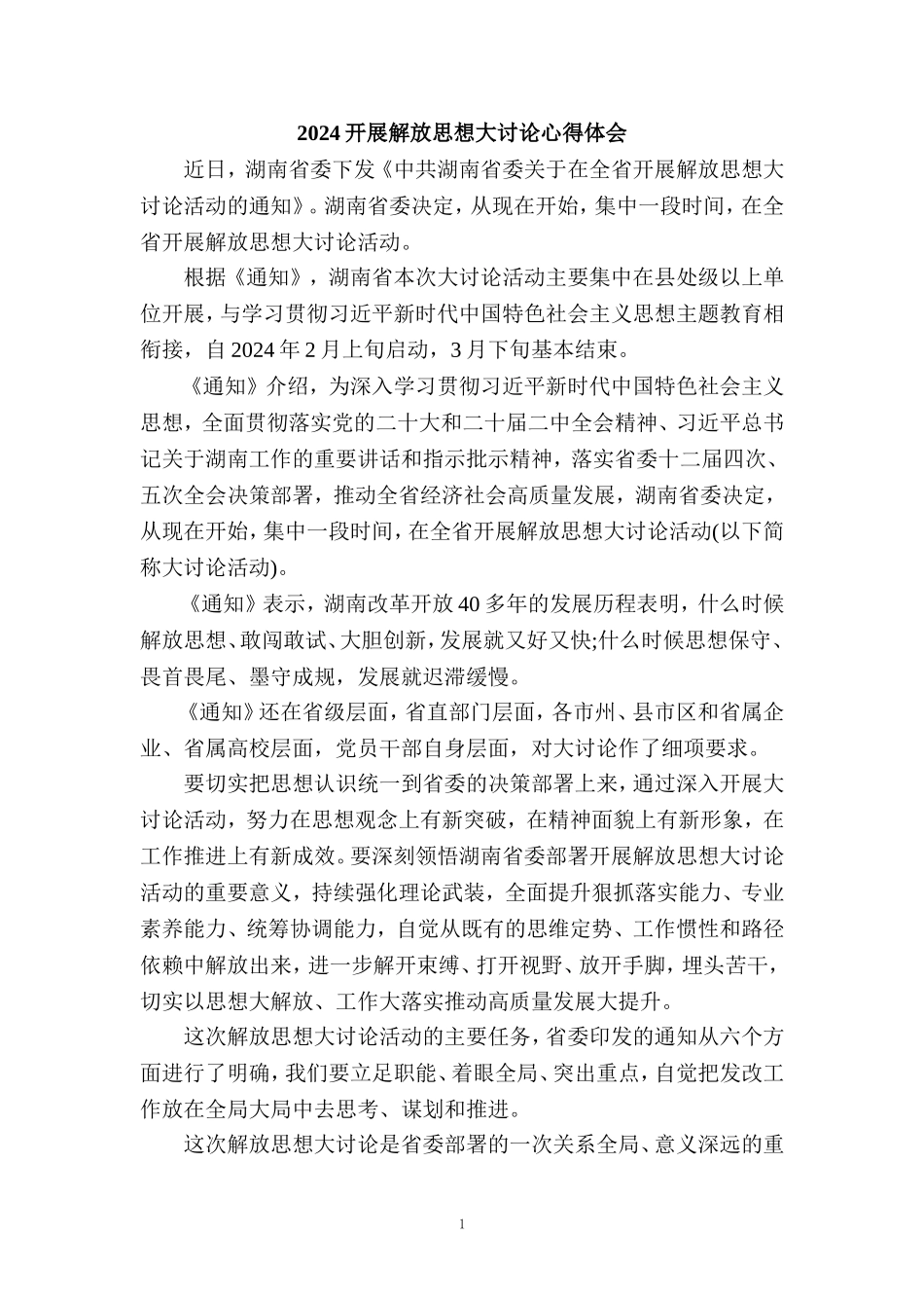 2024开展解放思想大讨论心得体会发言材料一_第1页
