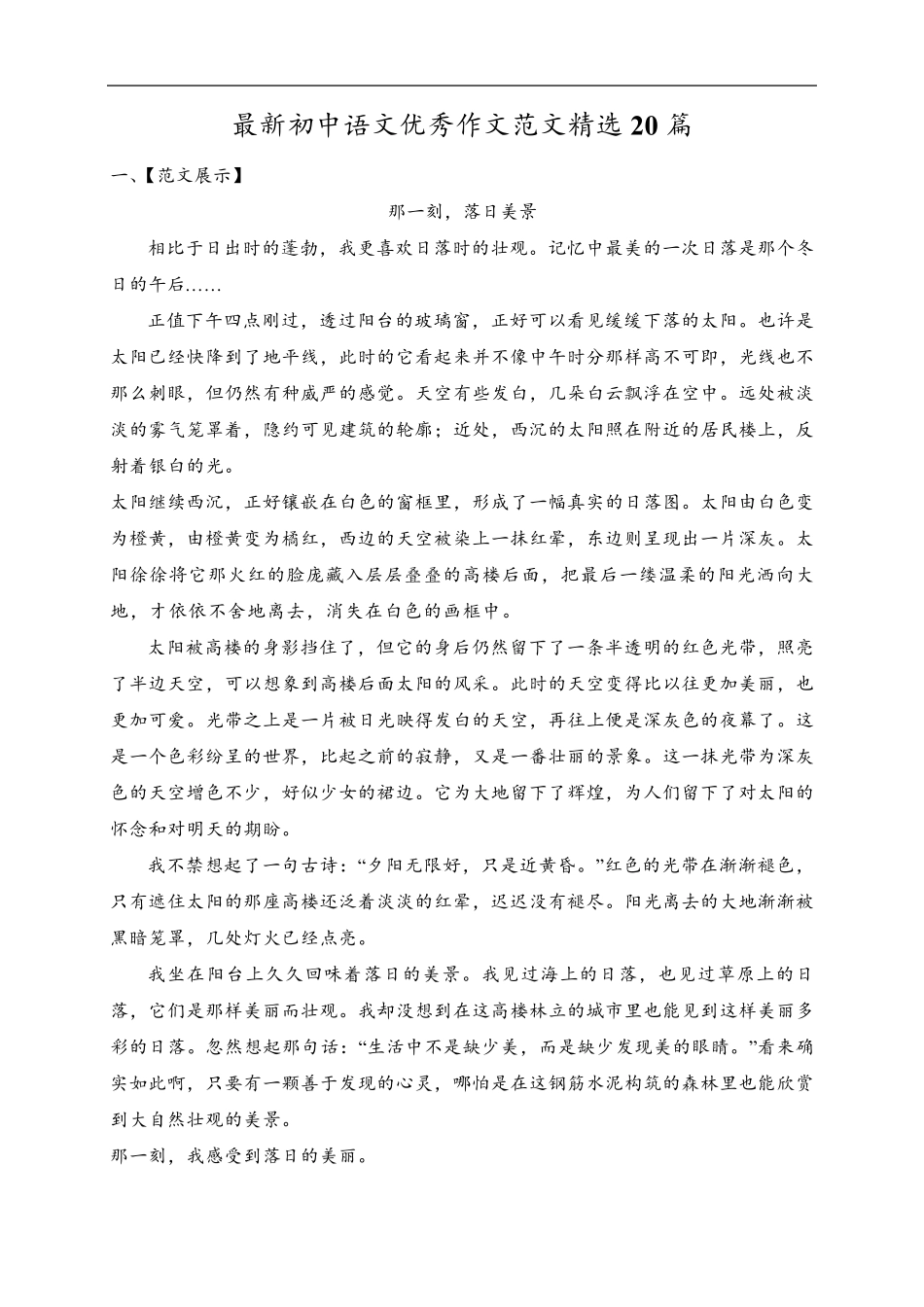 最新初中语文优秀作文范文20篇_第1页