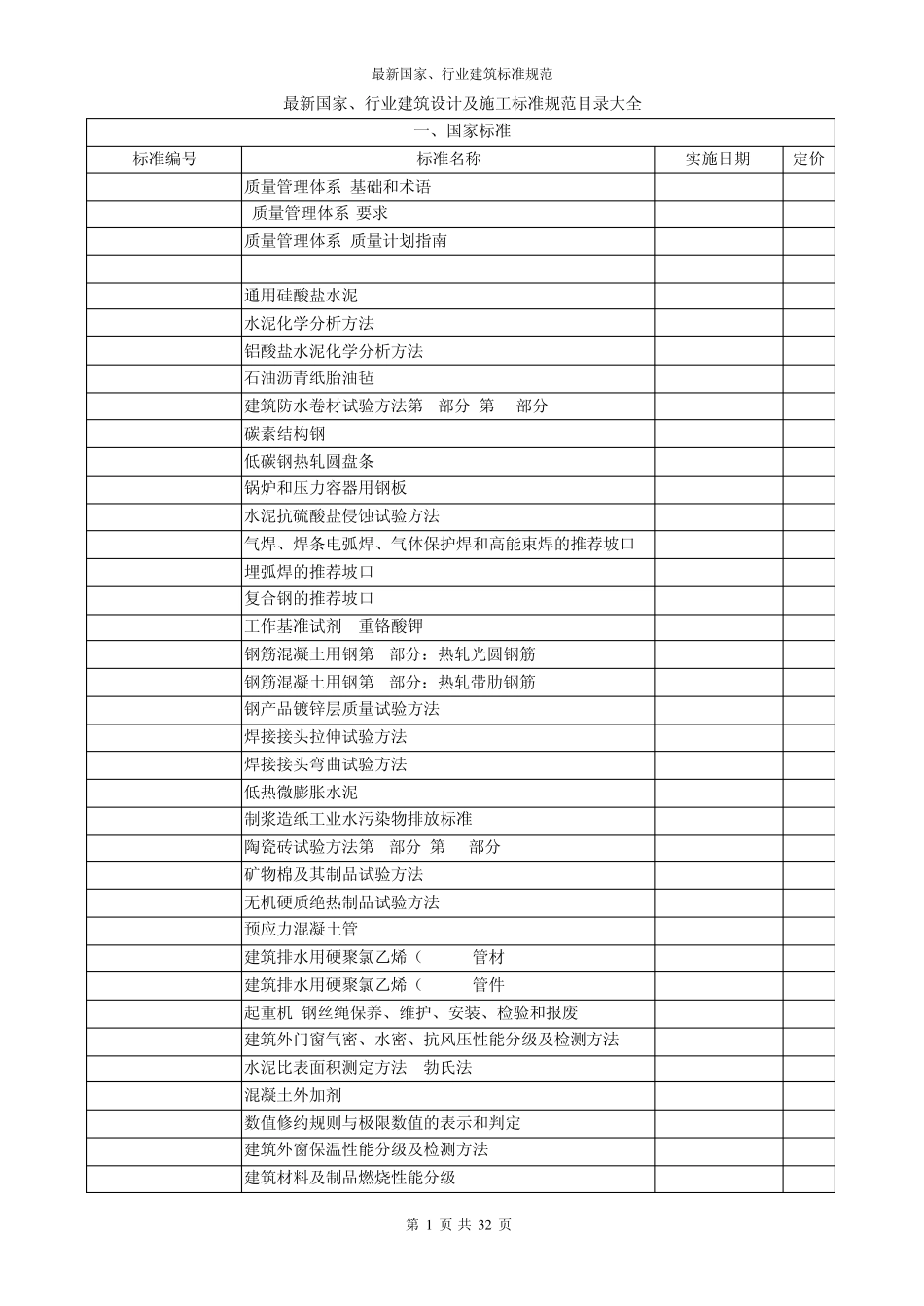 最新国家行业建筑设计及施工标准规范目录大全_第1页
