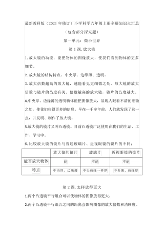 最新教科版(2021年修订)小学科学六年级上册全册知识点汇总