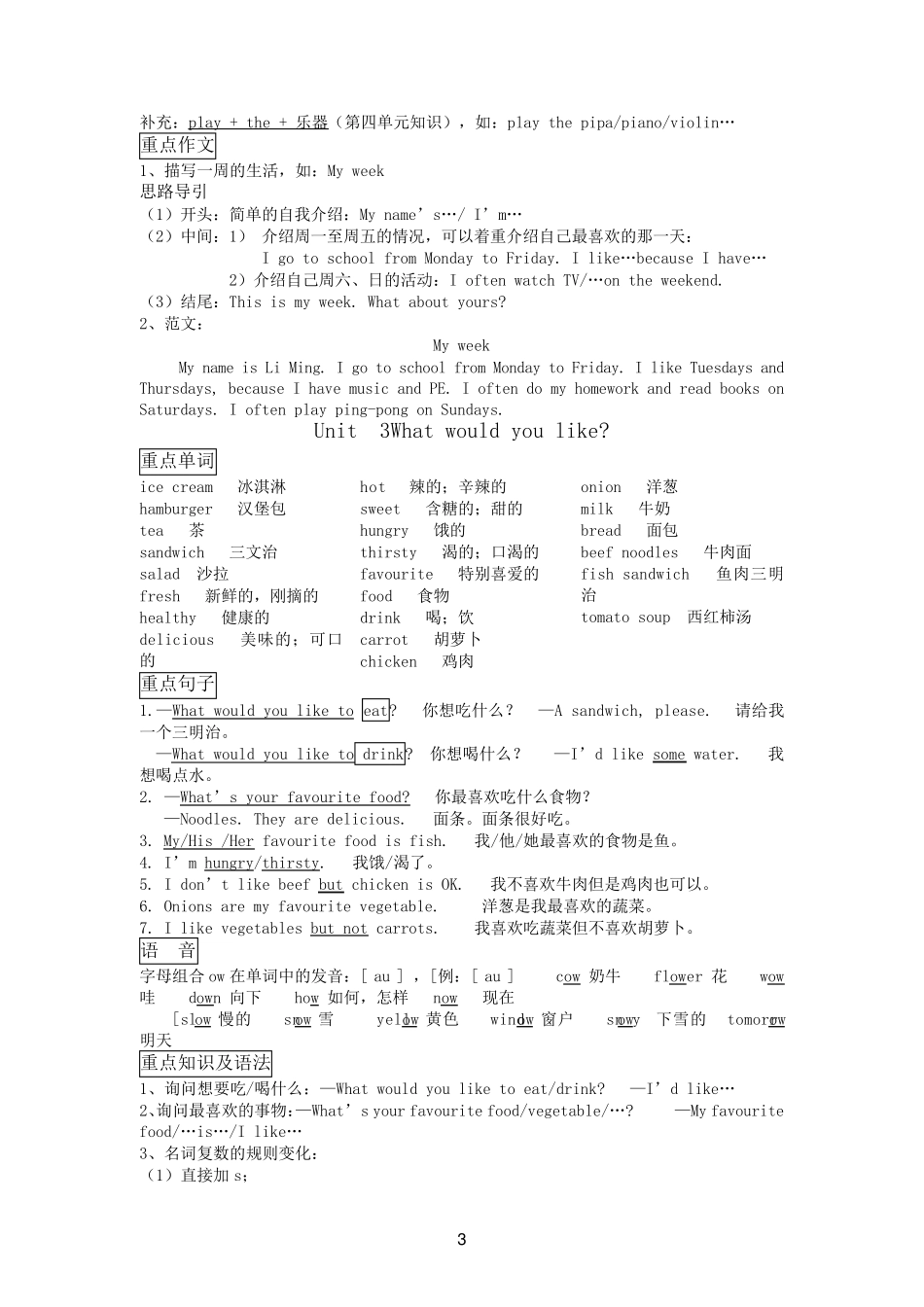最新新人教版PEP五年级英语上册各单元知识点总结_第3页
