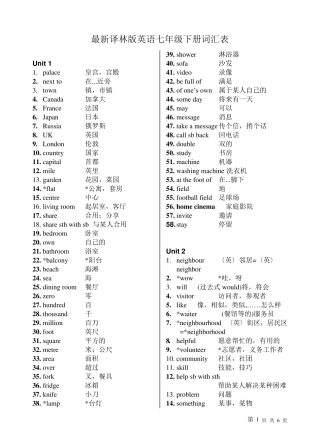 最新译林版英语七年级下册词汇表