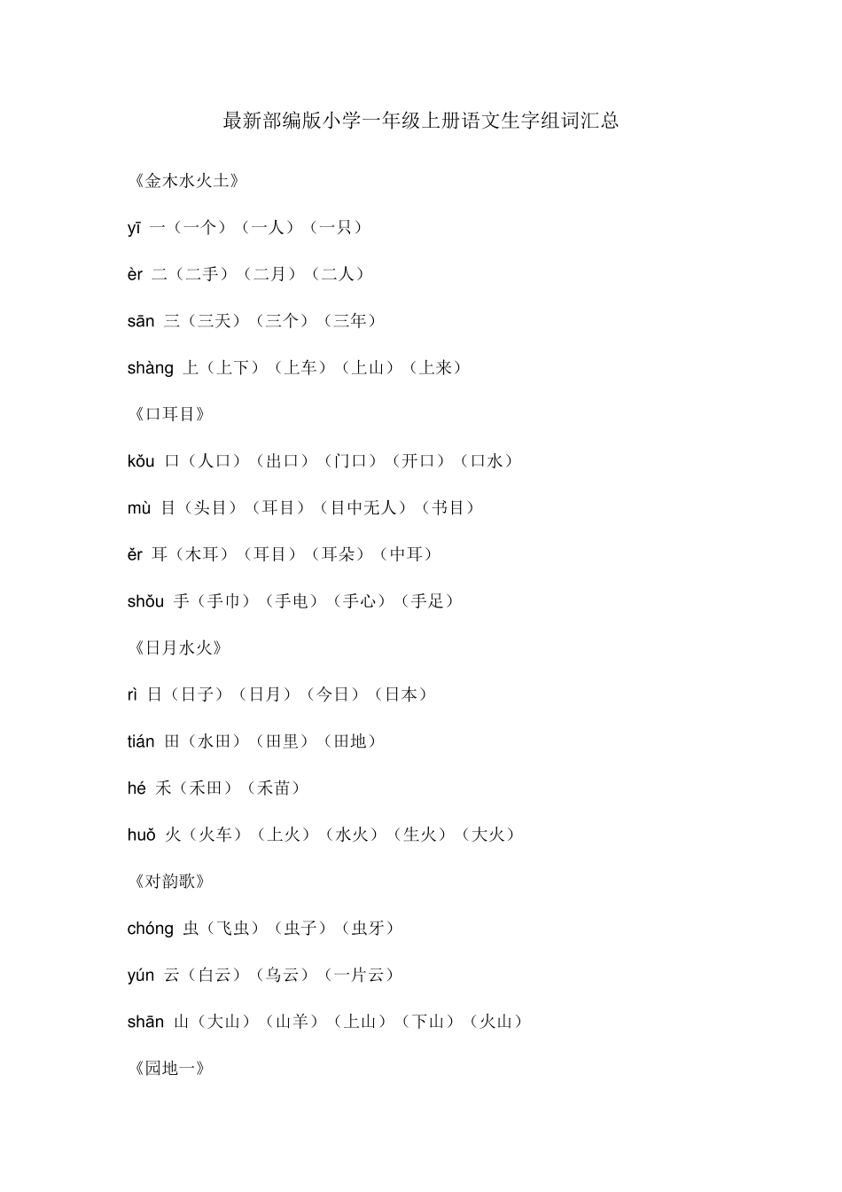 最新部编版小学一年级上册语文生字组词汇总_第1页
