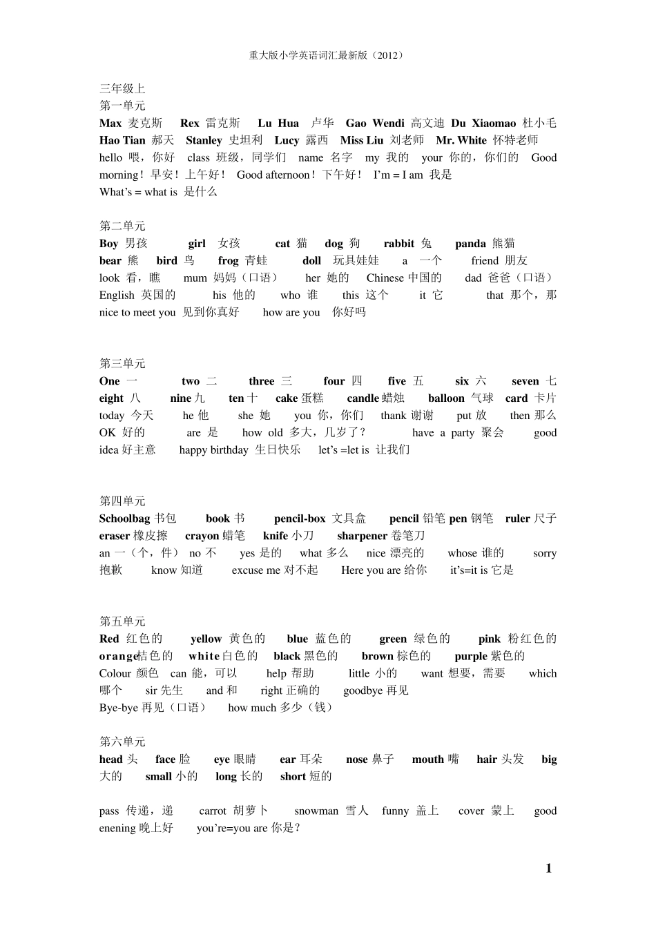 最新重庆大学出版社(重大版)小学英语单词词汇)_第1页