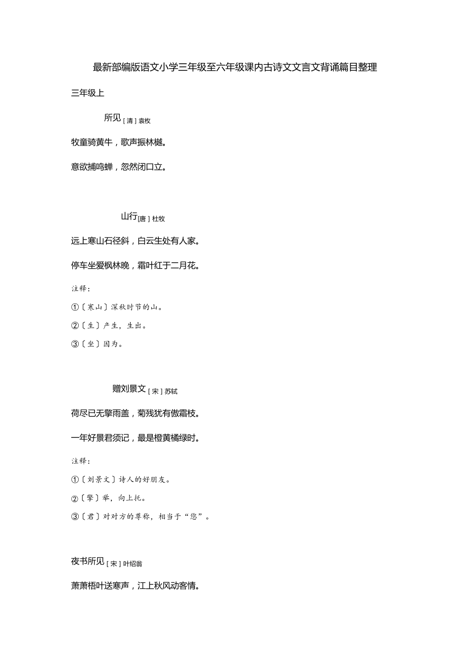 最近部编版语文小学三至六年级古诗文背诵篇目整理(含课下注释)_第1页