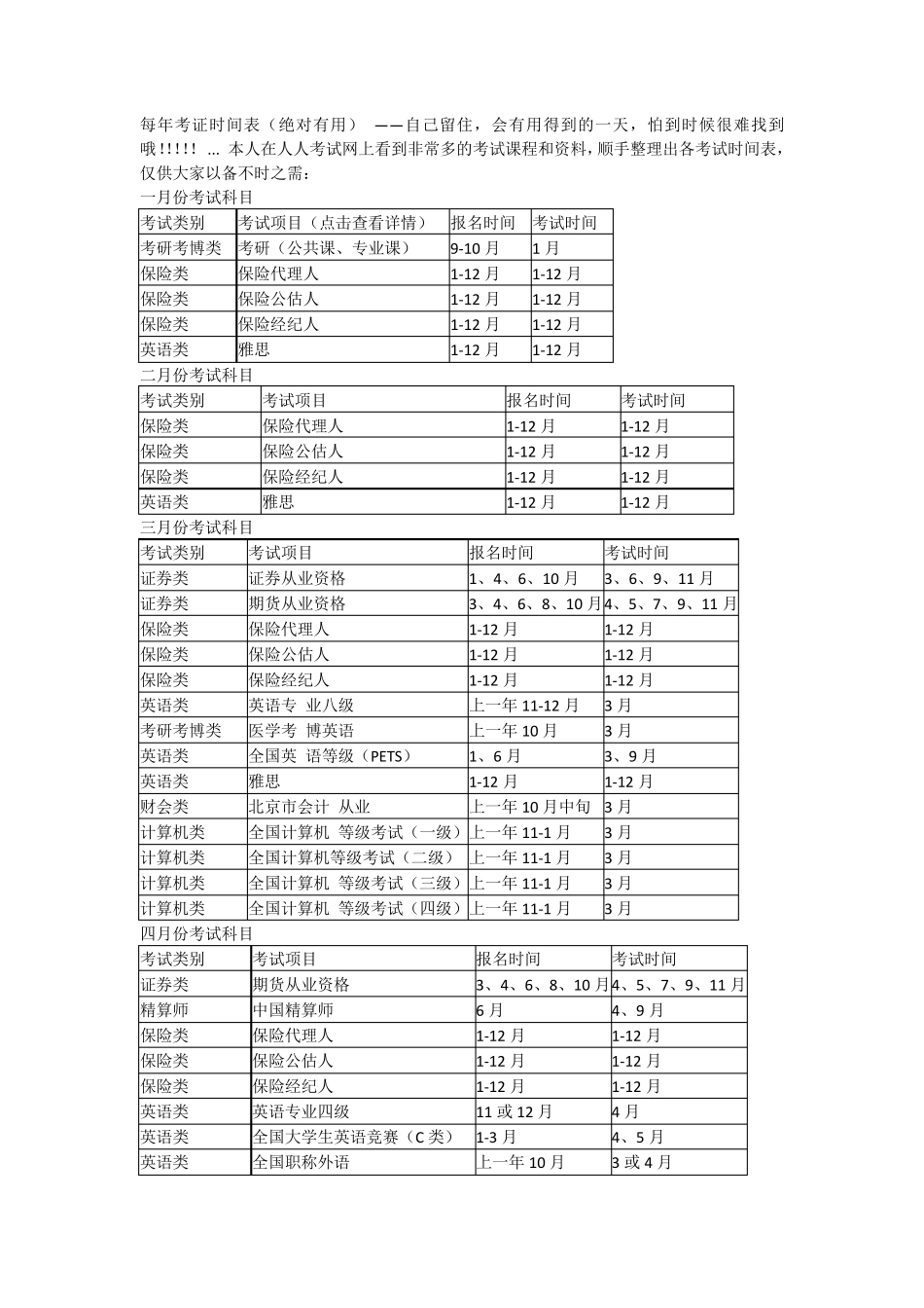 最齐全的各种考证报名考试时间表_第1页