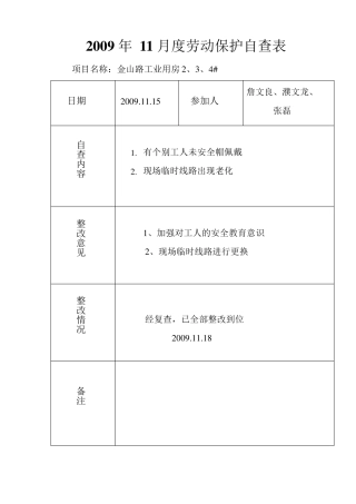 月度劳动保护自查表