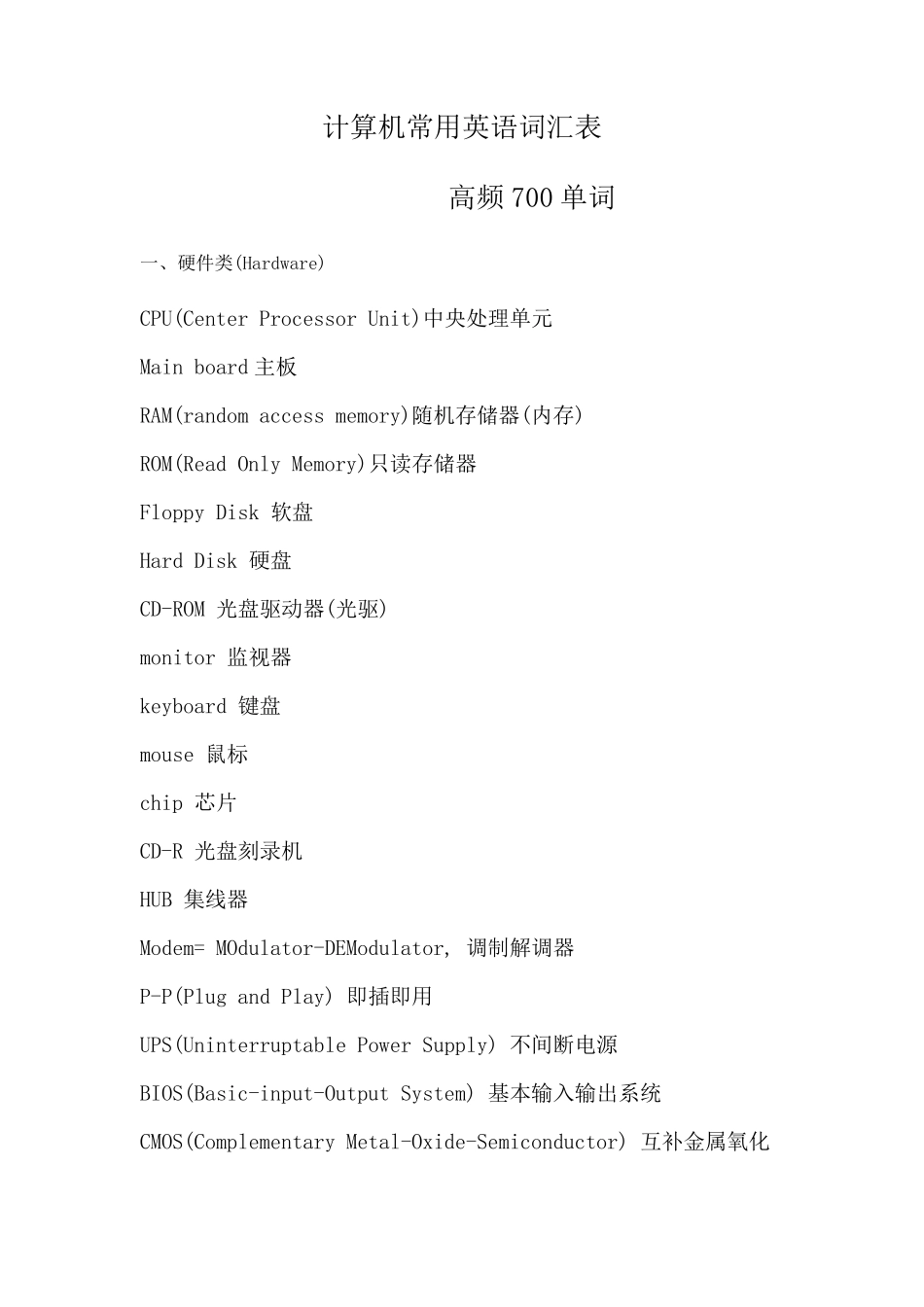 有关电脑的常用英语词汇非常全_第1页