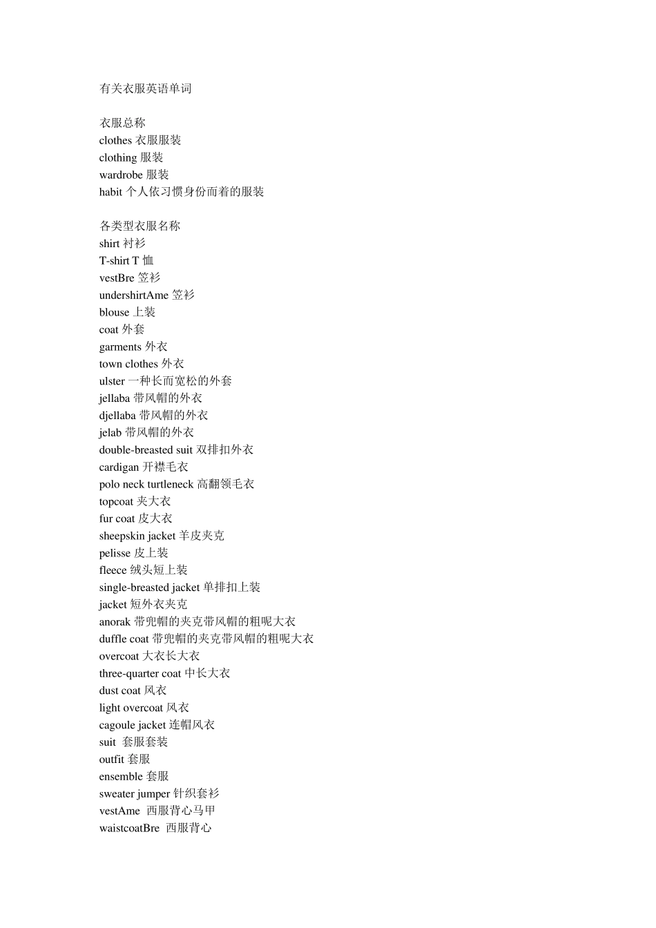 有关衣服英语单词_第1页