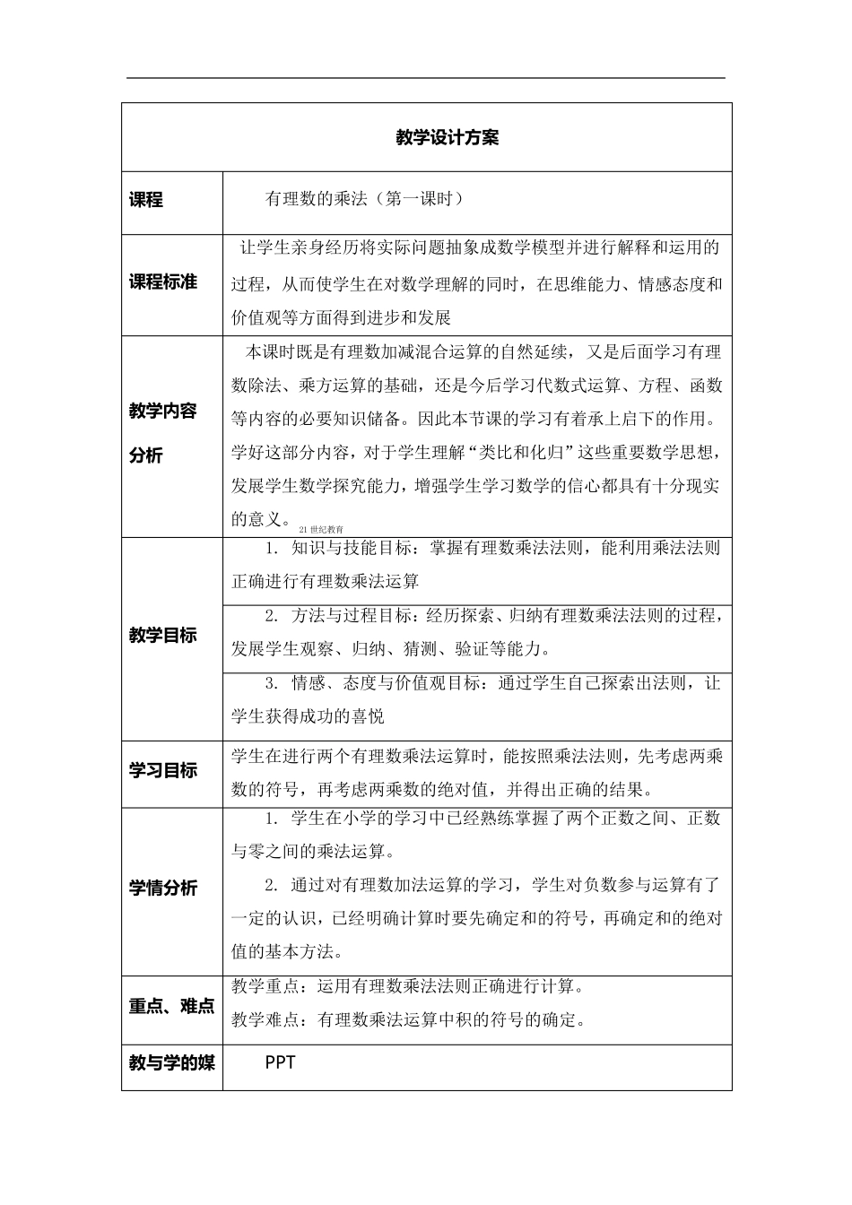 有理数的乘法优秀教学设计(教案)_第1页