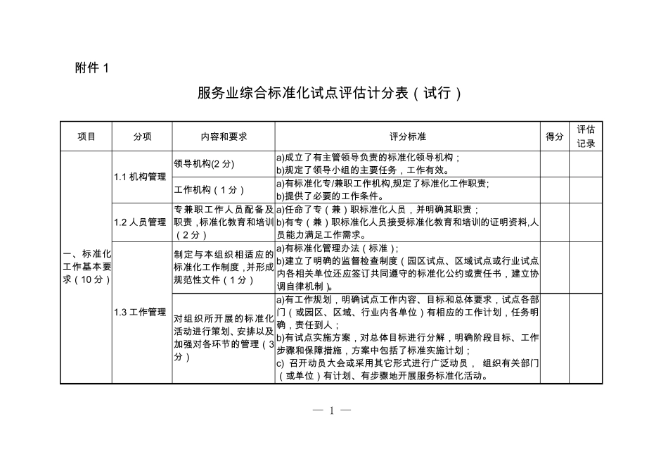 服务业综合标准化试点评估计分表_第1页