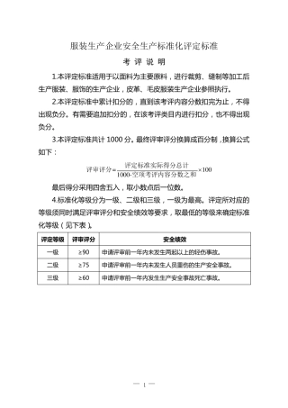 服装生产企业安全生产标准化评定标准