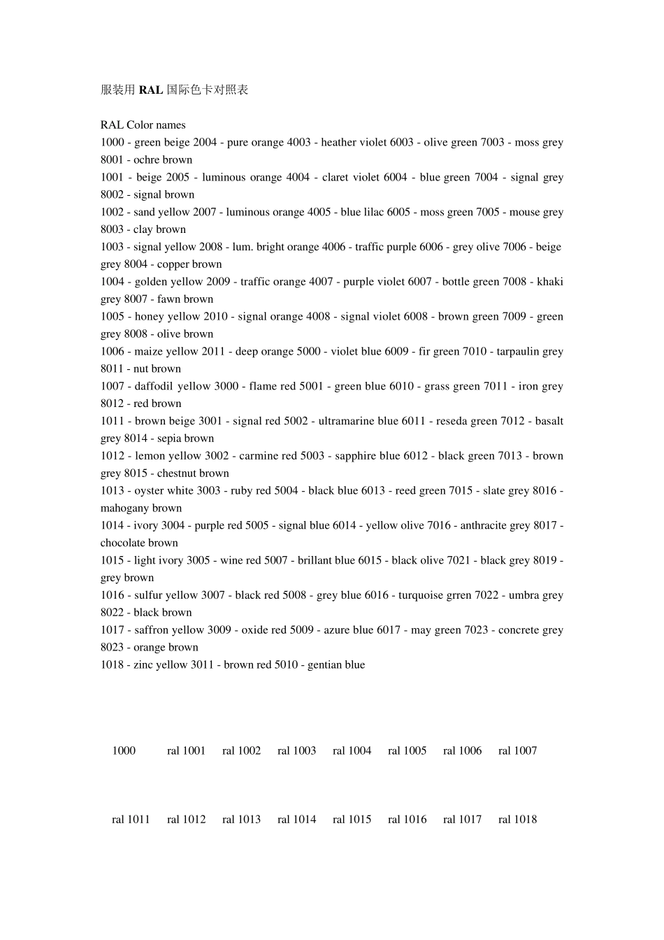 服装用RAL国际色卡对照表_第1页