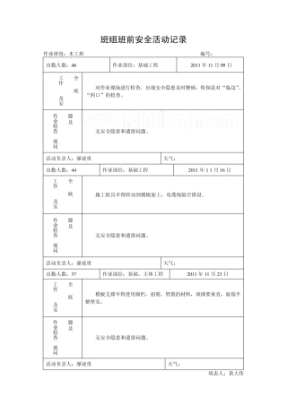 木工班组班前安全活动记录木工