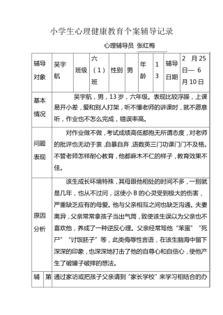 未成年人心理健康维护中心辅导记录