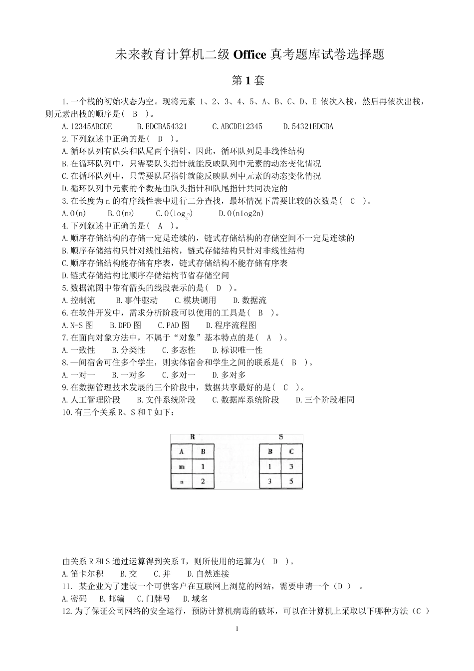 未来教育计算机二级Office真考题库试卷选择题15_第1页