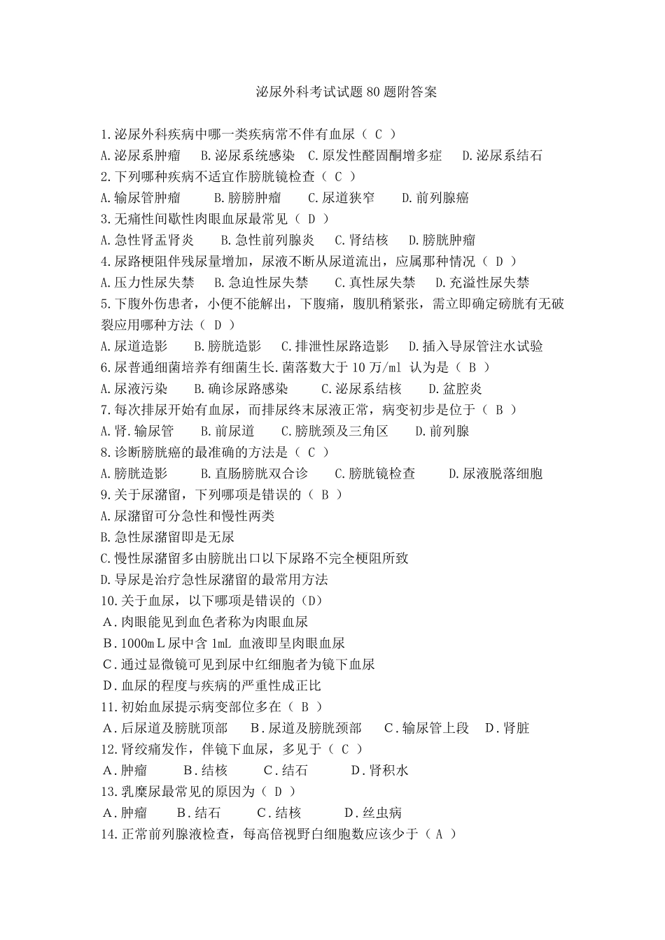 泌尿外科考试试题80题附答案_第1页