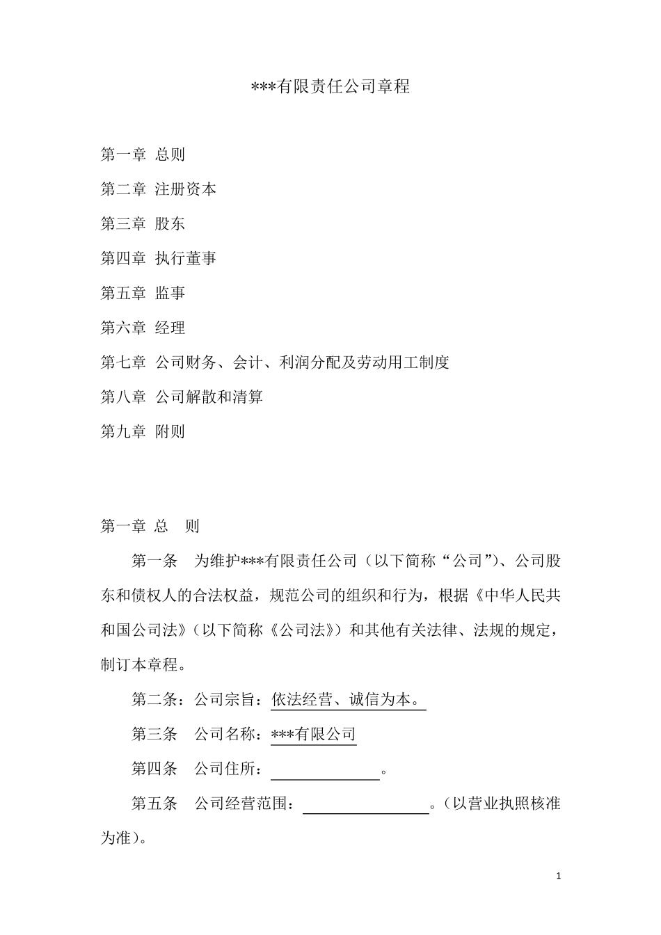 法人独资公司章程模板_第1页